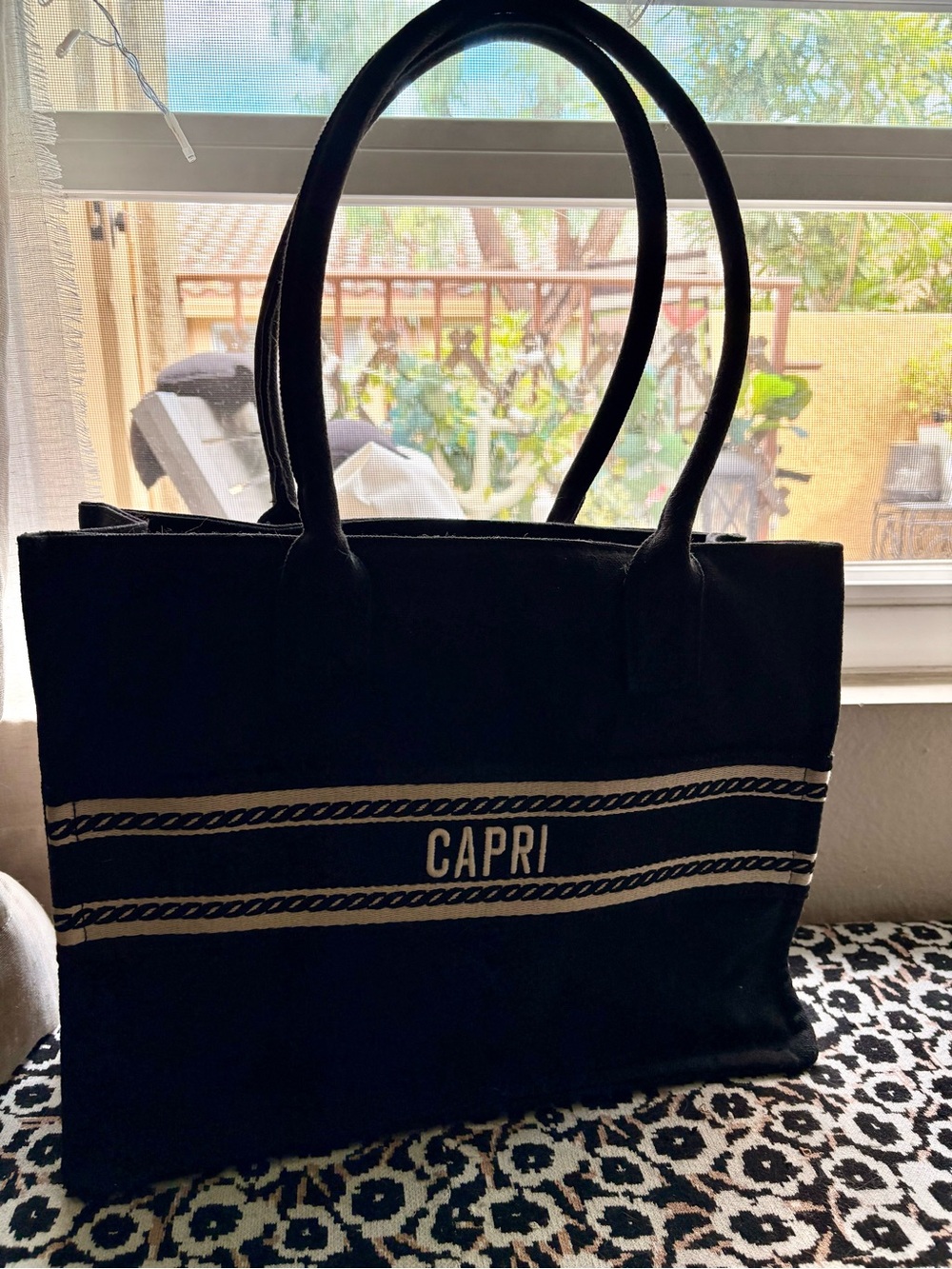 a new day Black Canvas Tote with Cream Stripe and 'CAPRI' Accent